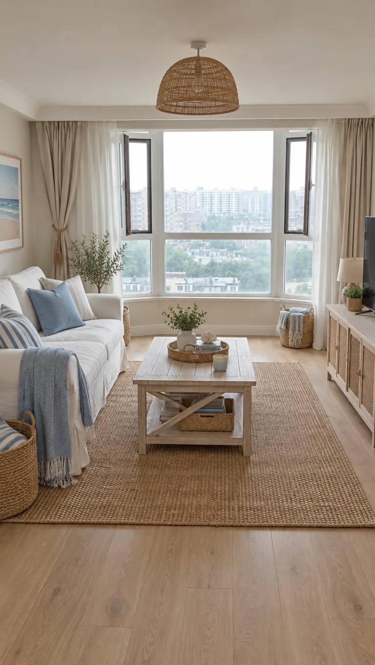 Unedited AI result: the second flat's living room facing the big window in Coastal style