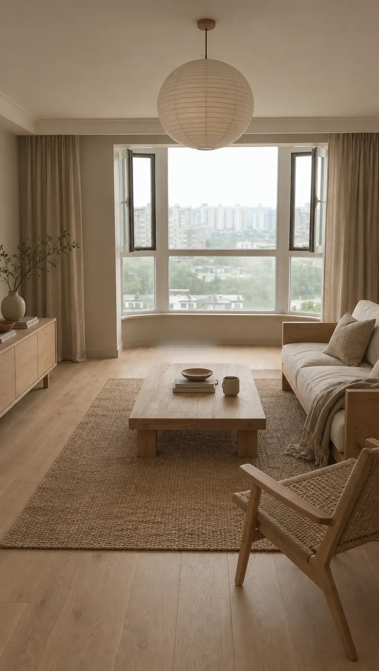 Unedited AI result: the second flat's living room facing the big window in Japandi style