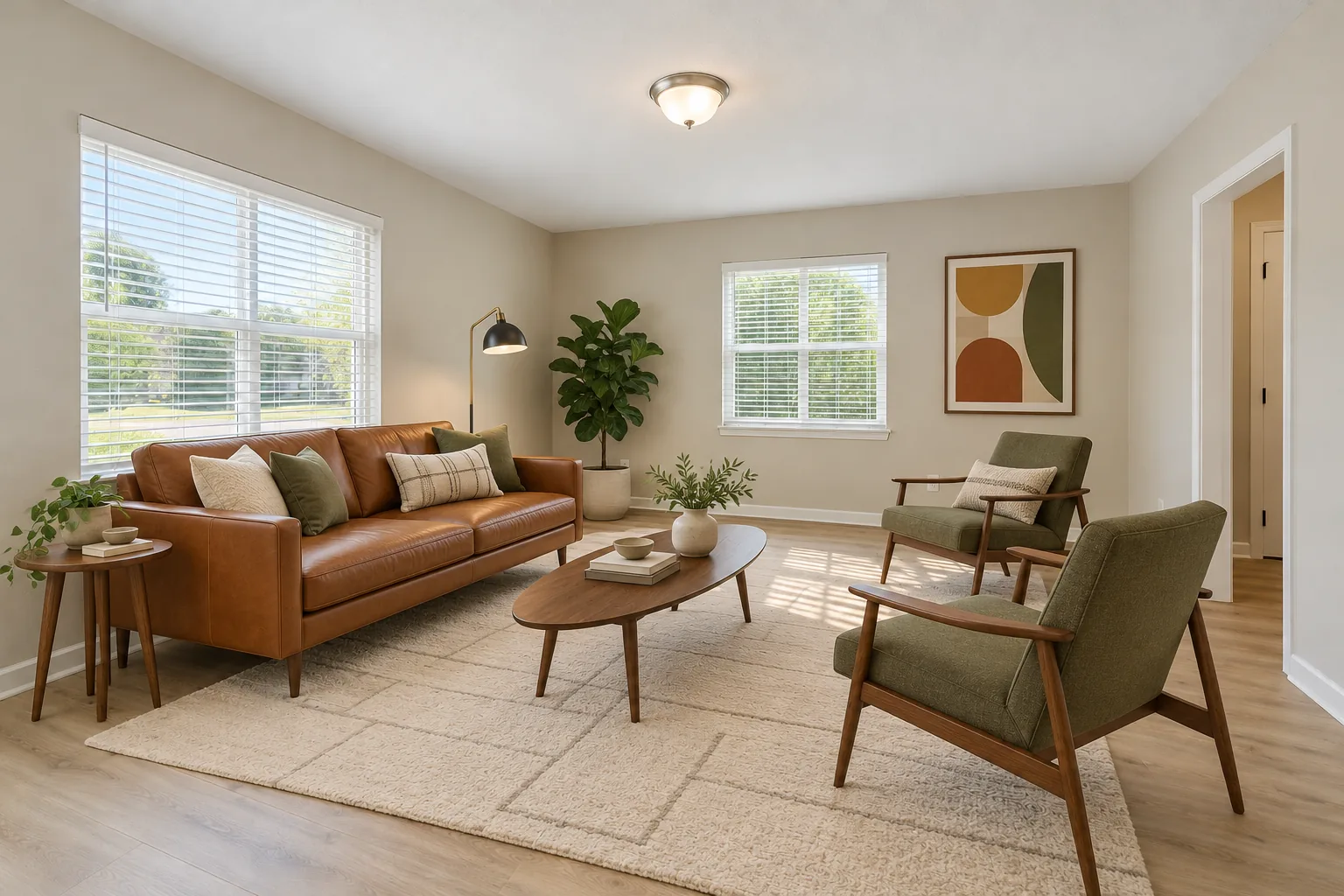 Mid-century modern living room after virtual staging, with a cognac leather sofa, an oval walnut coffee table and olive accent chairs, AI example design