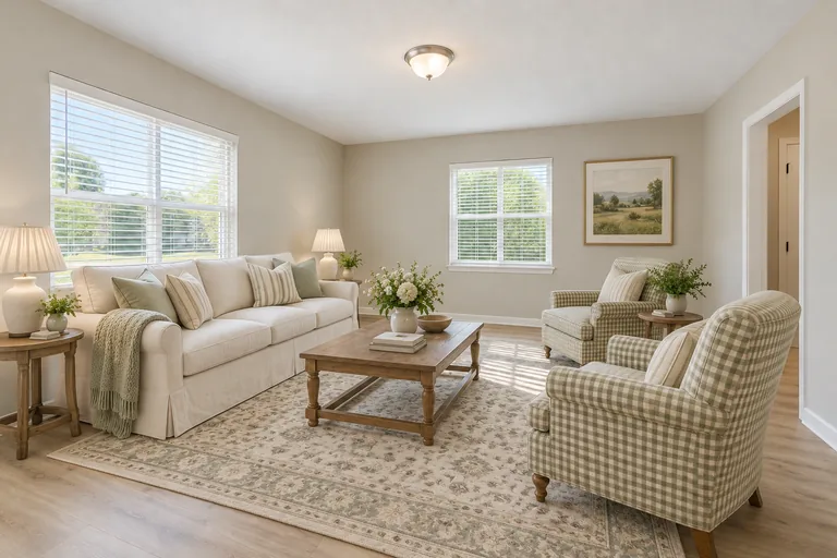 Modern cottage living room after virtual staging, with an ivory linen sofa, gingham armchairs and a vase of garden flowers, AI example design