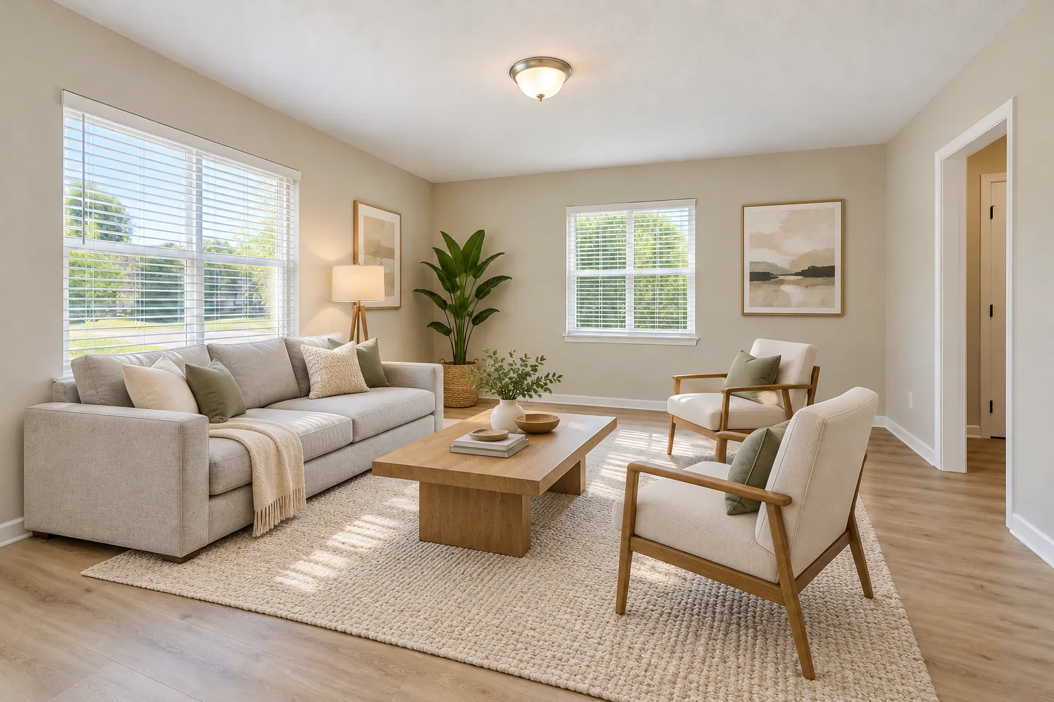 Warm modern living room after virtual staging, with a light gray sofa, a low wood coffee table and two accent chairs, AI example design