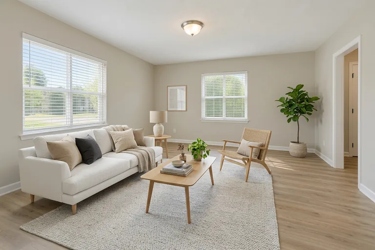 The same empty living room staged by this tool in a Scandinavian style, with a white sofa, a wood lounge chair and an oak coffee table
